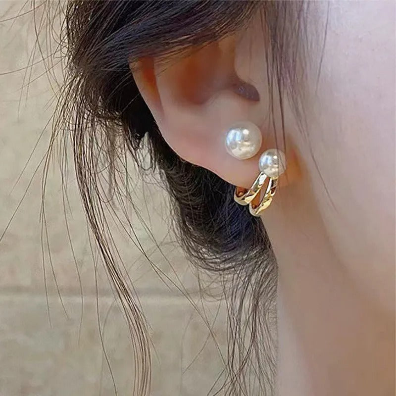 Elegant Gold Heart Pearl Stud Earrings - Korean Fashion 2024