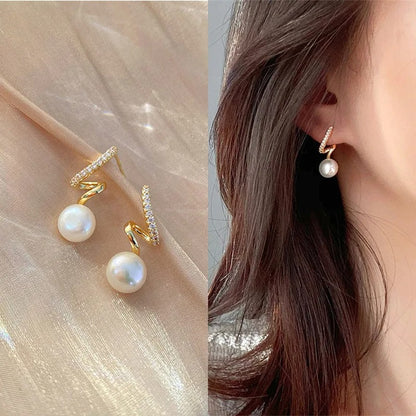 Elegant Gold Heart Pearl Stud Earrings - Korean Fashion 2024