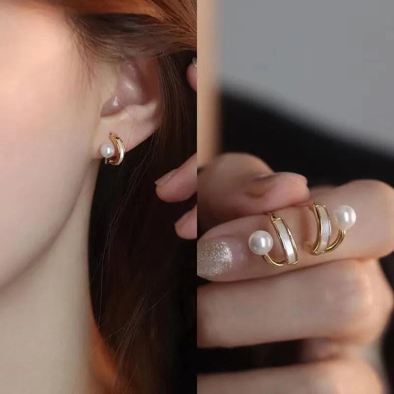 Elegant Gold Heart Pearl Stud Earrings - Korean Fashion 2024