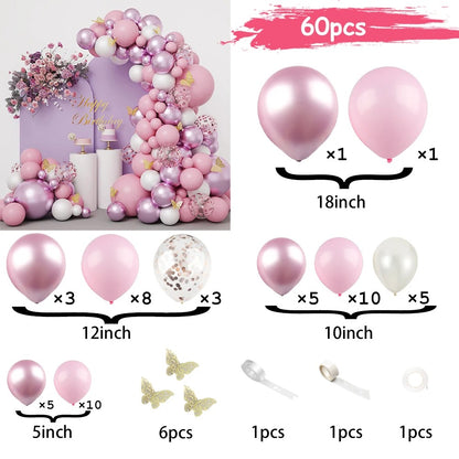 60/136pcs Pink Balloon and Butterfly Party Decoration Set