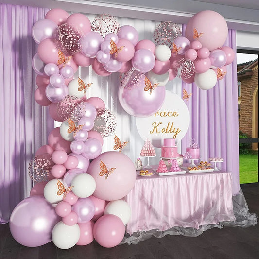 60/136pcs Pink Balloon and Butterfly Party Decoration Set