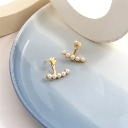 Elegant Gold Heart Pearl Stud Earrings - Korean Fashion 2024