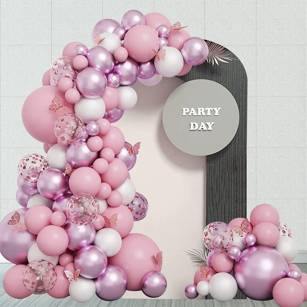 60/136pcs Pink Balloon and Butterfly Party Decoration Set