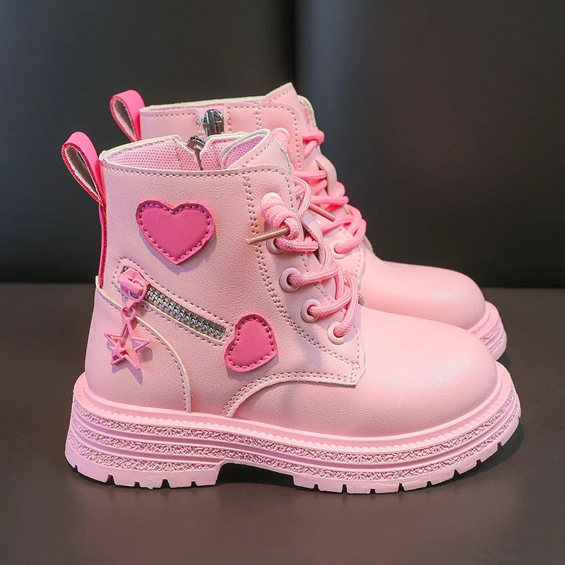 Girls Boots Kids Fashion Rubber Boots Cool Girl Autumn and Winter Cotton Soft Sole Pink with Love Side Zip Princess Round-toe PU